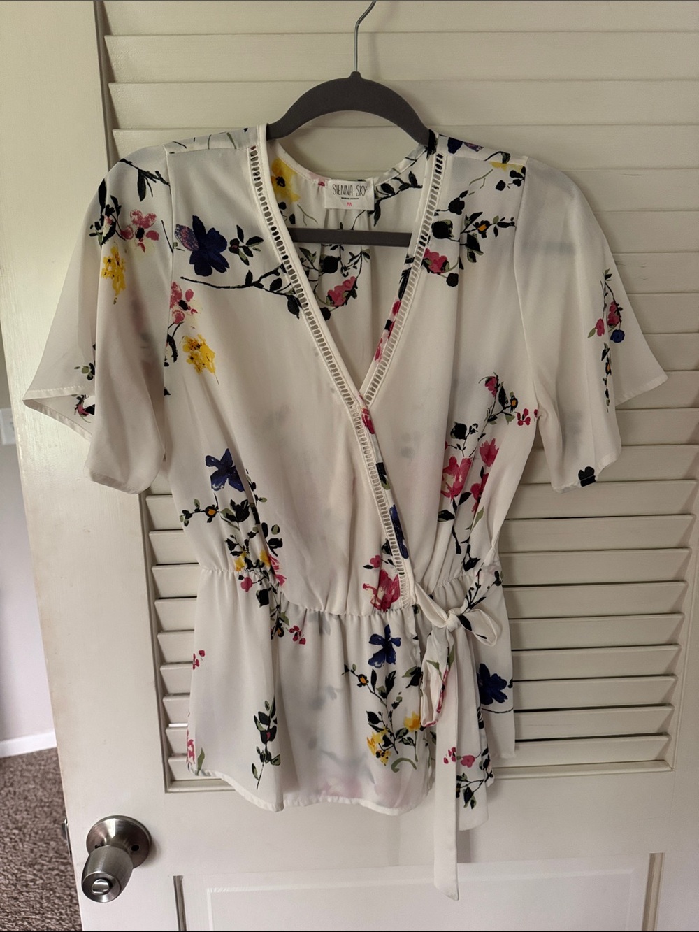 Soma White Floral Wrap Top with Pink, Blue & Yellow Blooms